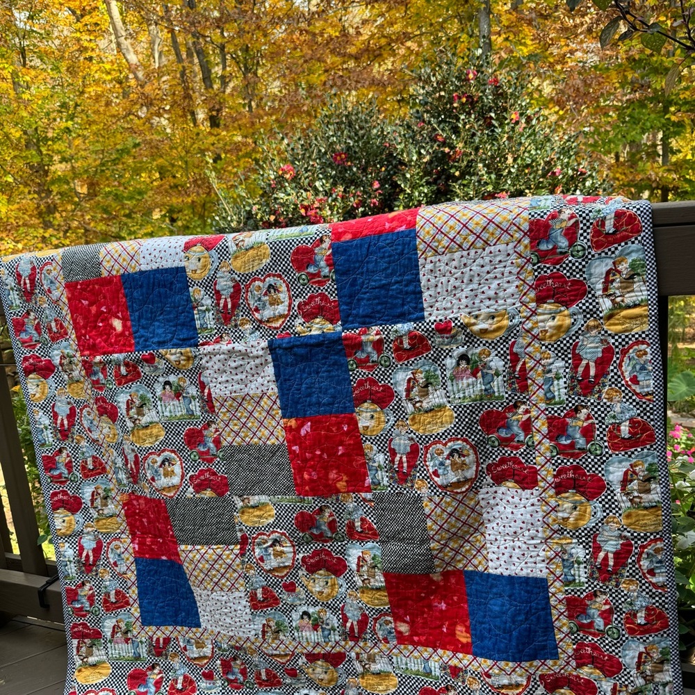 Handmade Throw  / Quilt Or Wall Hanging  Vtg Cards Fabric 46” x 60”
